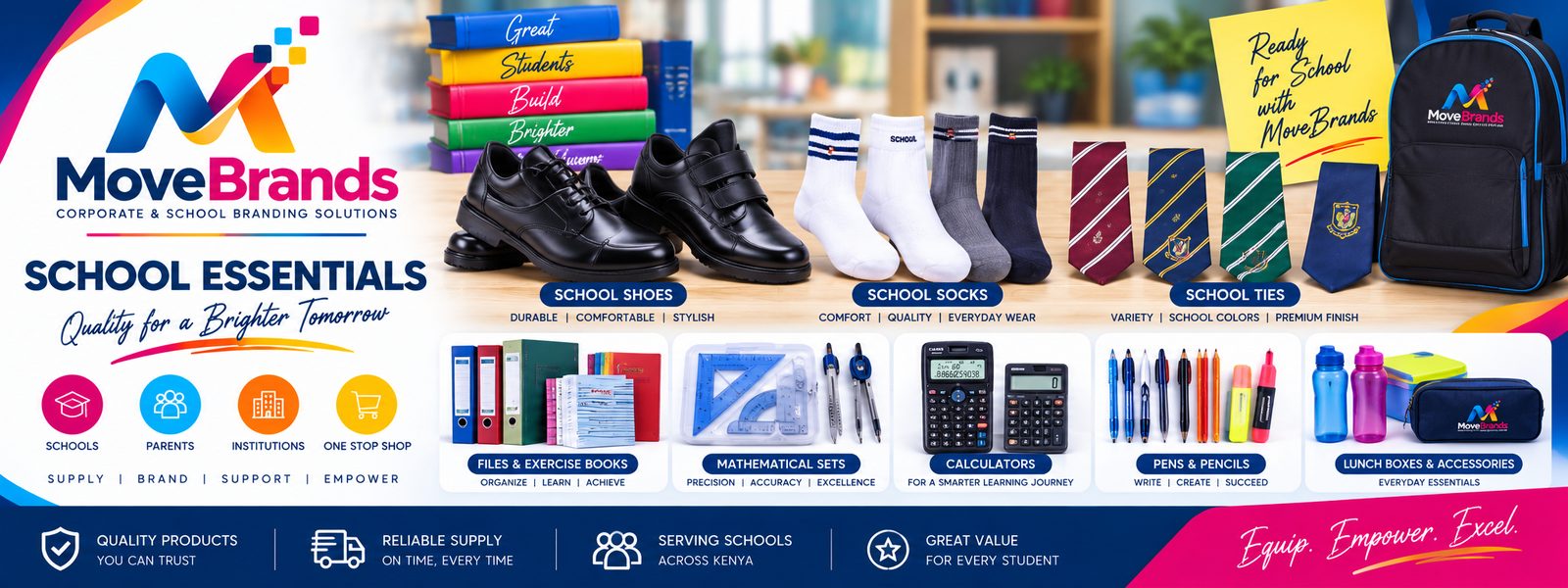 School uniform essentials from MoveBrands: black school shoes, school socks, striped school ties and a branded school backpack