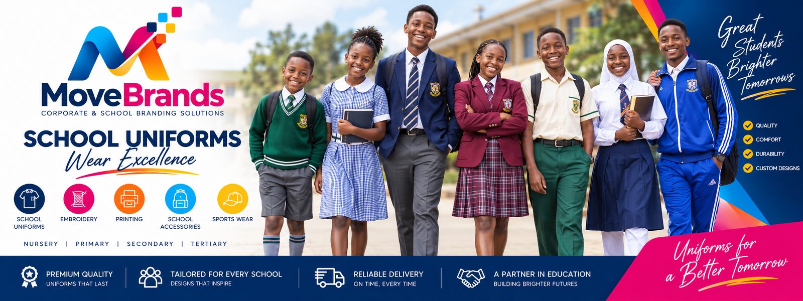 Kenyan secondary school students wearing MoveBrands-supplied school uniforms including blazers, ties and sports tracksuits